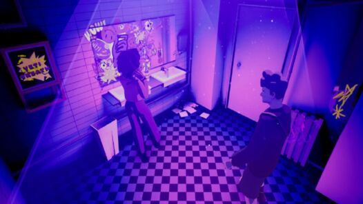 Purple-tinted screen cap for "Mission 10 Hours" VR story showing an overhead shot two virtual characters in a bathroom scene.
