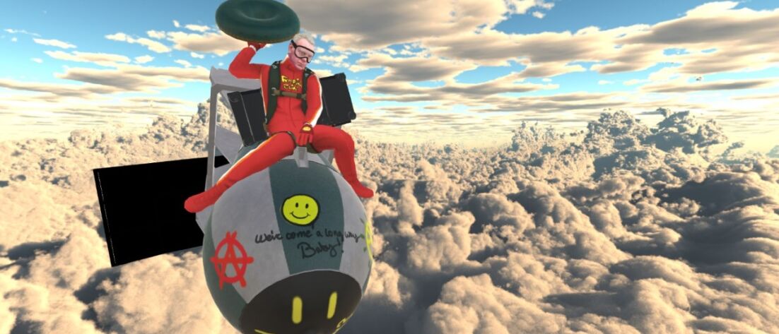 Picture of Norman Cook's avatar riding a bomb in the sky with clouds in the background ala Dr Strangelove style. It's from FatBoy Slim's virtual concert in EngageVR
