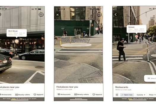 Three screenshots of the Lens in Google Maps features showing AR overlays that are revealed to screenreaders