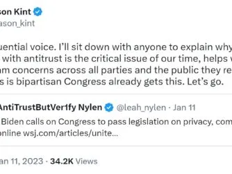Screenshot of a tweet from Jason Kint that reads "I'll sit down with anyone to explain why privacy integrated with anti-trust is the critical issue of our time"