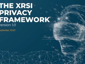 screenshot of the cover of XRSI's Privacy Framework version 1.0 that shows an outlined view of someone wearing a VR headset.