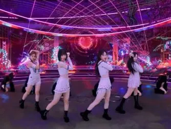 Picture of the Aespa K-Pop band captured with stereo 180-video while dancing within a high-res, virtually-generated world