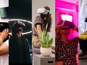 Pictures of five people in five locations wearing VR headsets while watching immersive story experiences distributed by Astrea