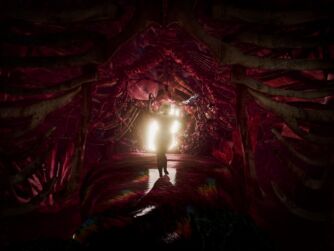 Screenshot of Body of Mine VR shows a person standing in front of a radiant light while surrounded by inner guts parts and bones of a giant body.