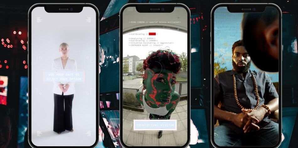 Three mobile phone screenshots showing speculative future video segments from the Concensus Gentium cinematic AR piece.