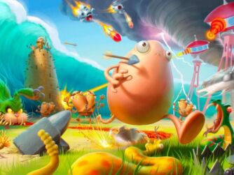 Picture of a cute animated egg character running and escaping danger and mayhem with bombs, lasers, snakes, buzzsaws, snakes, bombs, dragons, and a giant tidal wave.