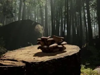 Shot of photogrammetry scanned mushroom within a virtual forest that is a screencapture from Forager.