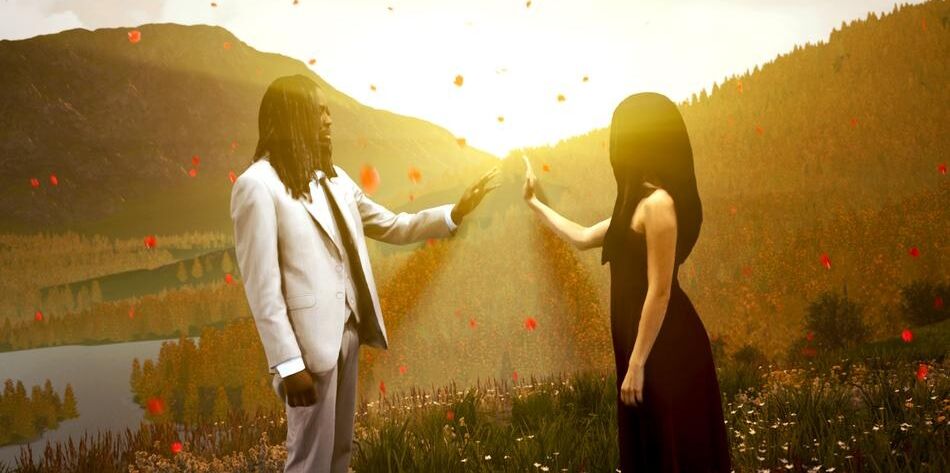 Screenshot of Whipped Cream music video shows a volumetrically captured man and woman reaching towards each other while standing in a virtual field with mountains in the background and rose pedals raining from the sky.