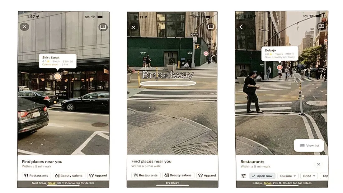 Three screenshots of the Lens in Google Maps features showing AR overlays that are revealed to screenreaders