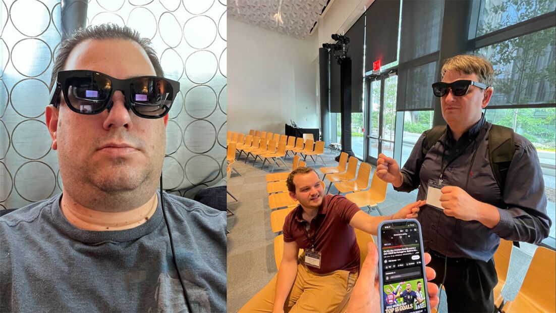 Selfie of Joel Hunt wearing XReal AR classes next two a POV shot from Joel showing off these AR glasses as an assistive device to a couple of attendees at XR Access conference.