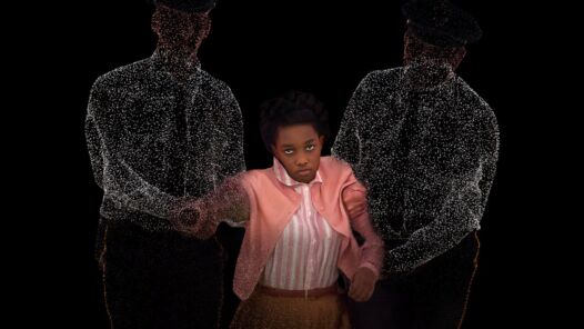 Picture of actress representing Claudette Colvin being carried away by two cops who are represented as point-cloud images