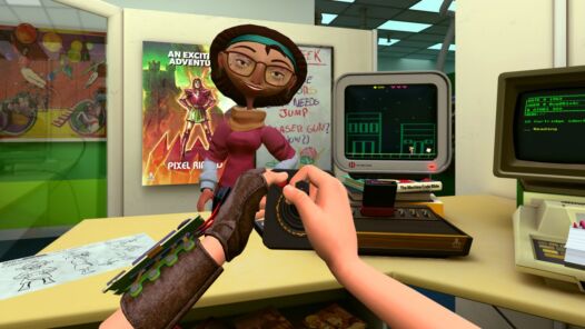 First-person POV screenshot from Pixel Ripped holding an Atari controller at an office desk with a couple of monitors while talking to a woman at work