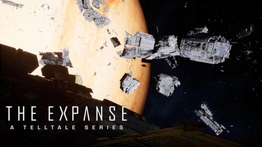 Screenshot from Expanse featuring a space ship that has exploded into many fragments with a ship in the foreground and planet in the background
